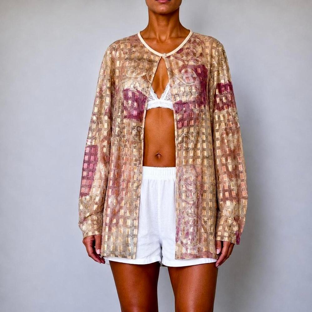 Vintage Mauve European Sheer Metallic Longline Boho Kimono Coverup Size M/L